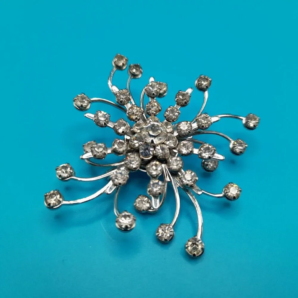 Vintage Rhinestone Starburst Brooch Silver Tone Bridal Pin 2.5”